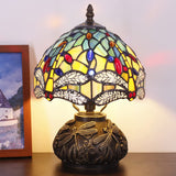 Werfactory® Small Tiffany Table Lamp with 8" Yellow Stained Glass Dragonfly Style Shade, 11" Tall Unique Rustic Bronze Mushroom Type Mini Bedside Lamp