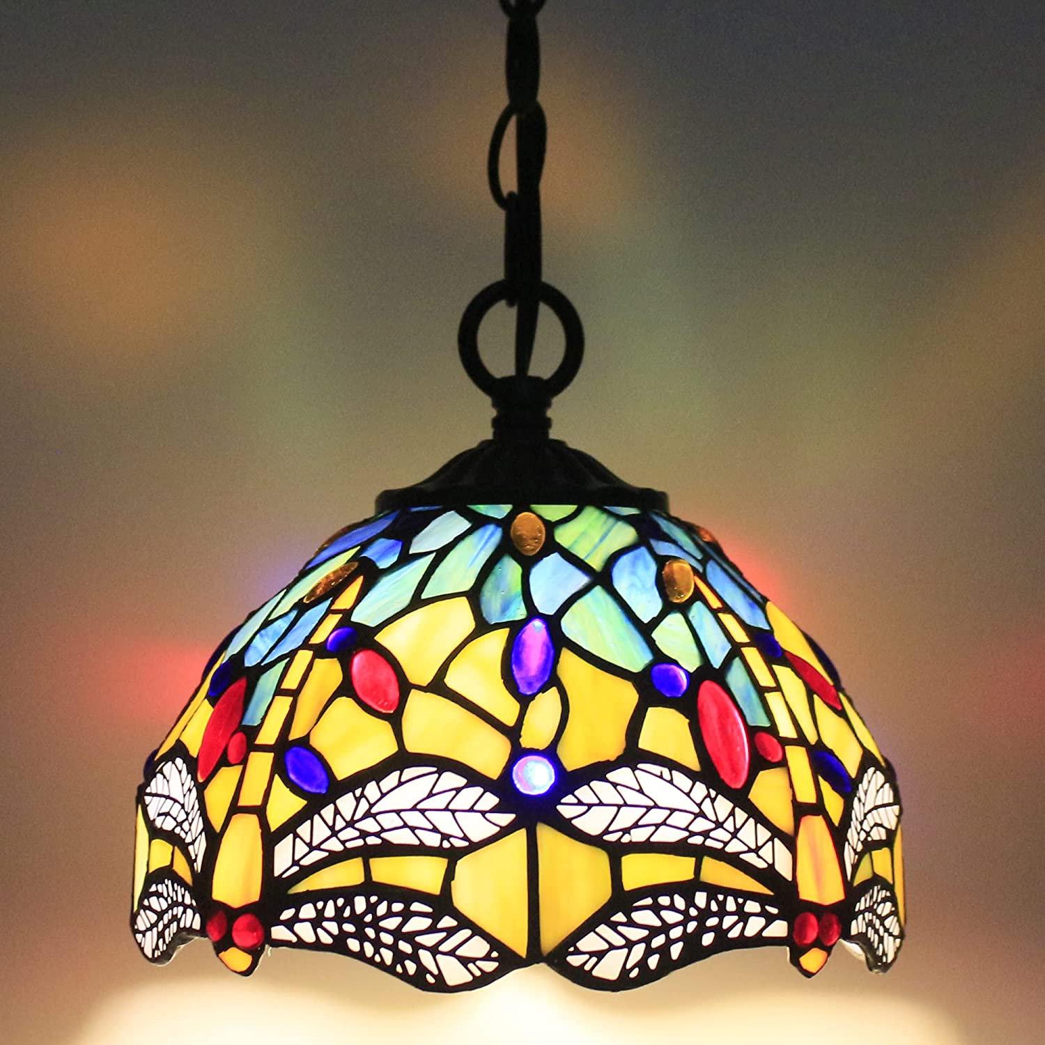 Tiffany Pendant Light Yellow Stained Glass Dragonfly Shade Hanging Lamp