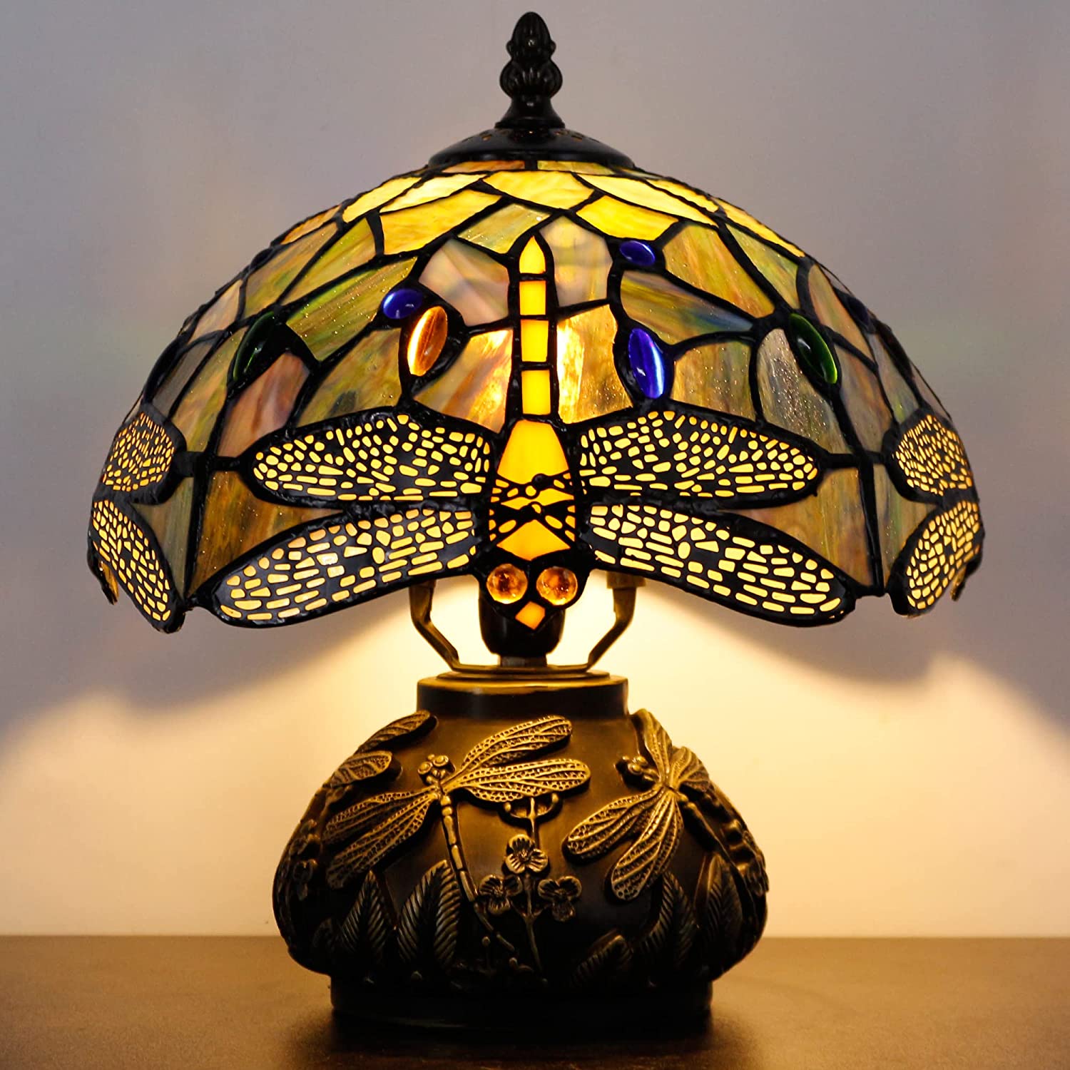Werfactory® Tiffany Table Lamp Dragonfly Style Stained Glass Lamp with Mushroom Base