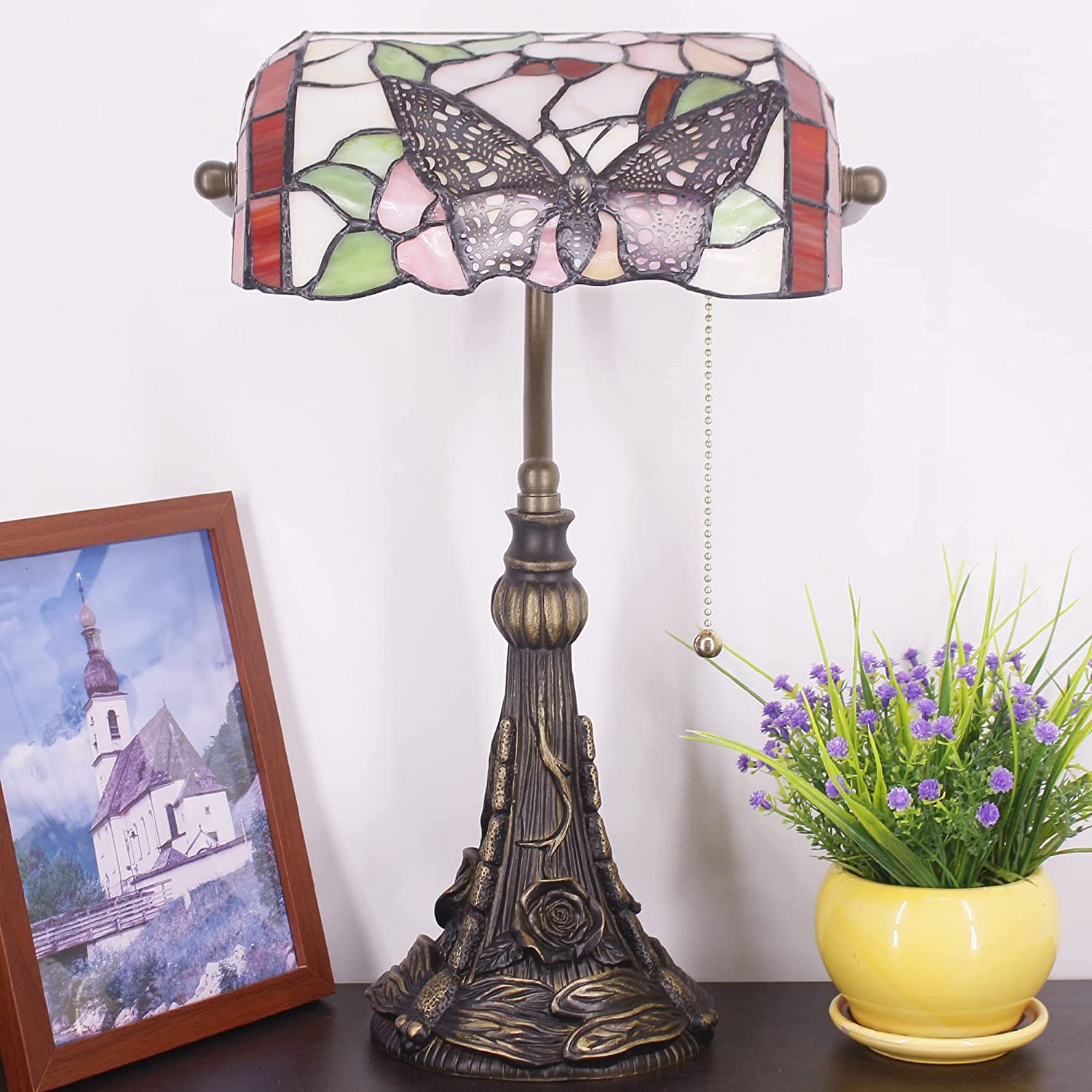 Werfactory® Banker Lamp Tiffany Desk Lamp Butterfly Flower Style Stained Glass Table Lamp, 15" Tall
