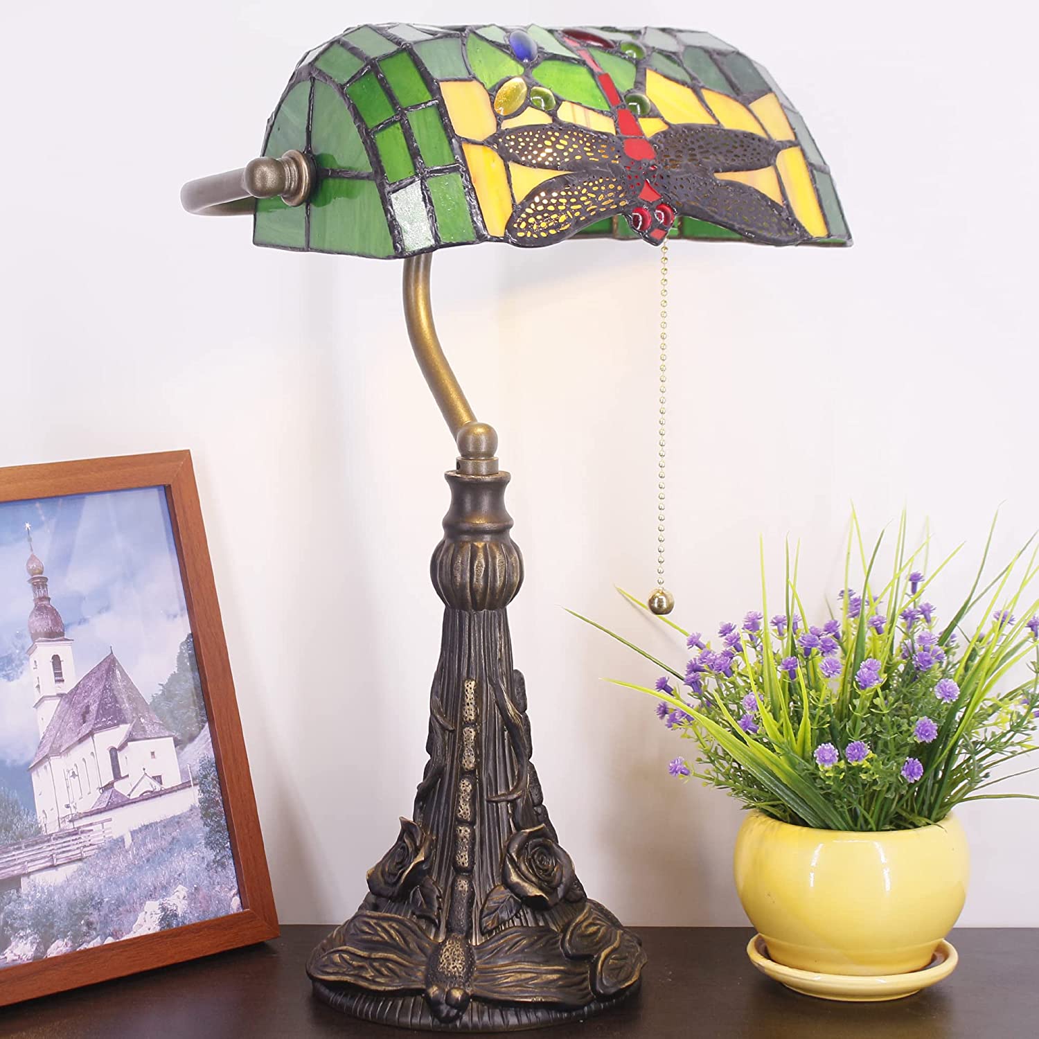 Werfactory® Banker Lamp Tiffany Desk Lamp Dragonfly Style Stained Glass Table Lamp, 15" Tall