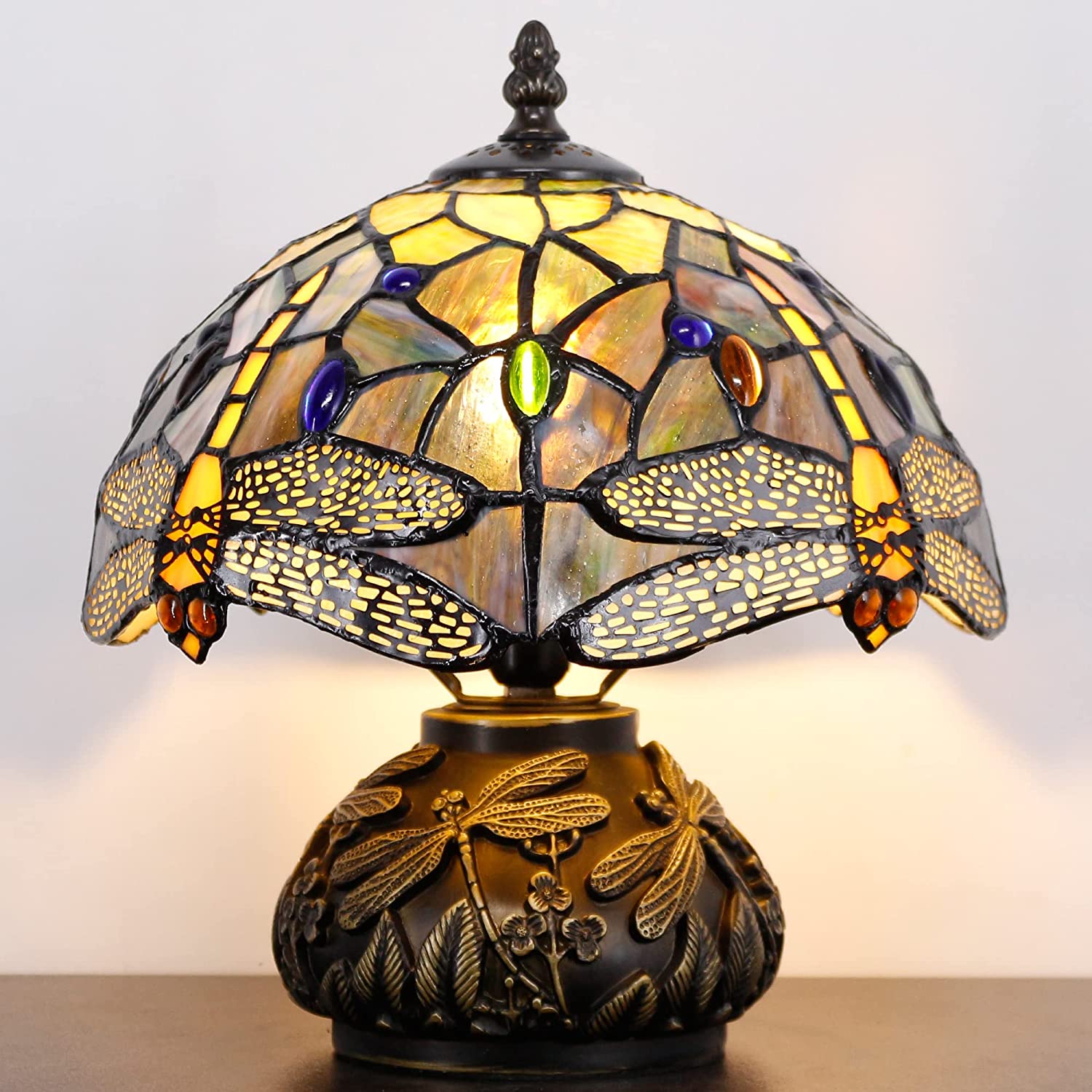 Werfactory® Tiffany Table Lamp Dragonfly Style Stained Glass Lamp with Mushroom Base