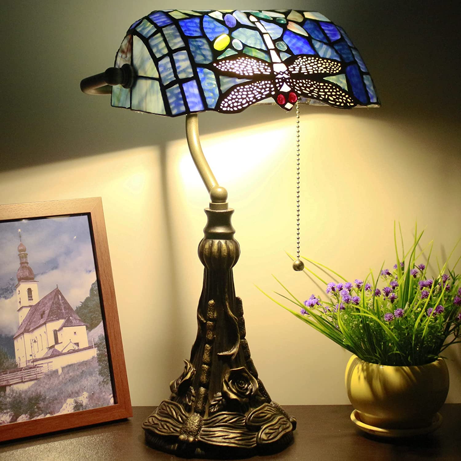 Werfactory® Banker Lamp Tiffany Desk Lamp Navy Blue Dragonfly Style Stained Glass Table Lamp 15" Tall