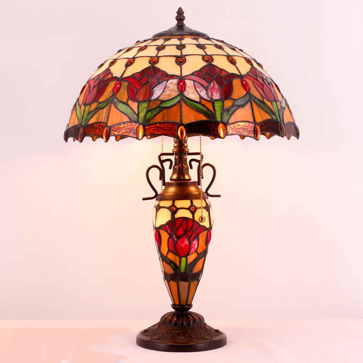 Tiffany Style Lamps Werfactory® Red Stained Glass Tulip Flower Mother-Daughter Vase Table Lamp
