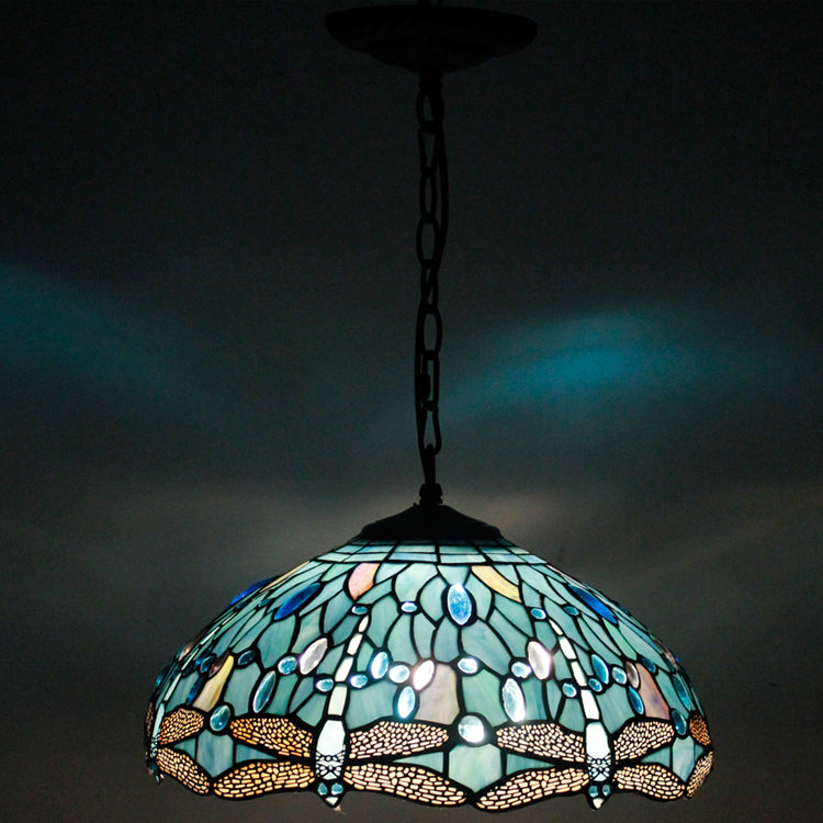 Tiffany Lamp Shade Replacement Werfactory® W16H7 Inch Sea Blue Stained Glass Dragonfly Lampshade