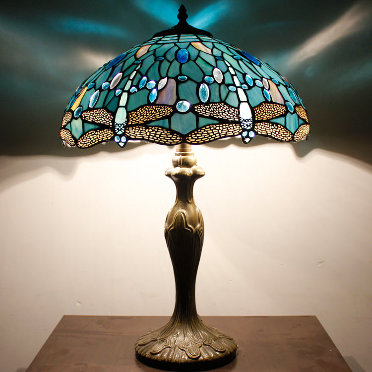 Tiffany Lamp Shade Replacement Werfactory® W16H7 Inch Sea Blue Stained Glass Dragonfly Lampshade