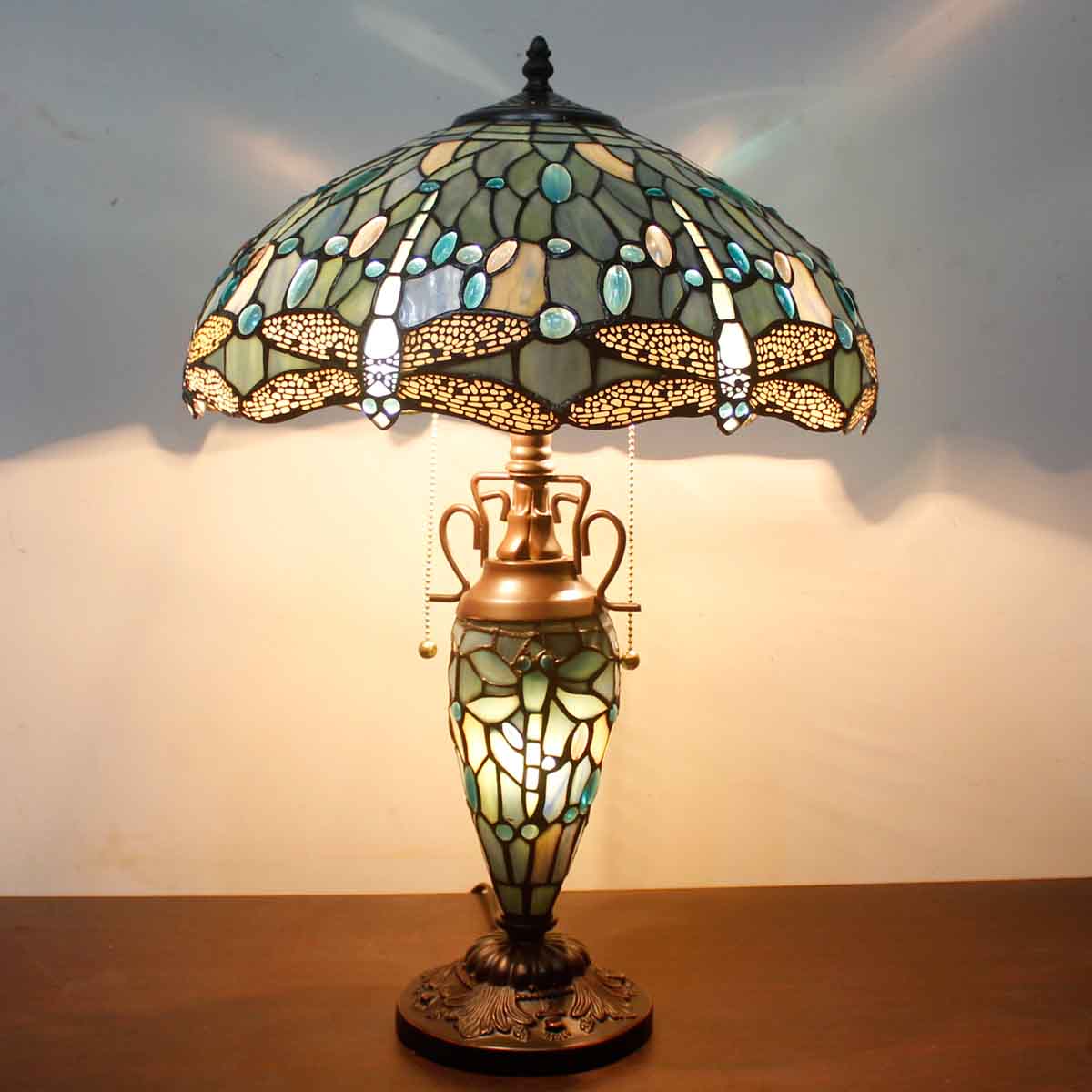 Tiffany Lamp Werfactory® Sea Blue Stained Glass Dragonfly Mother-Daughter Light