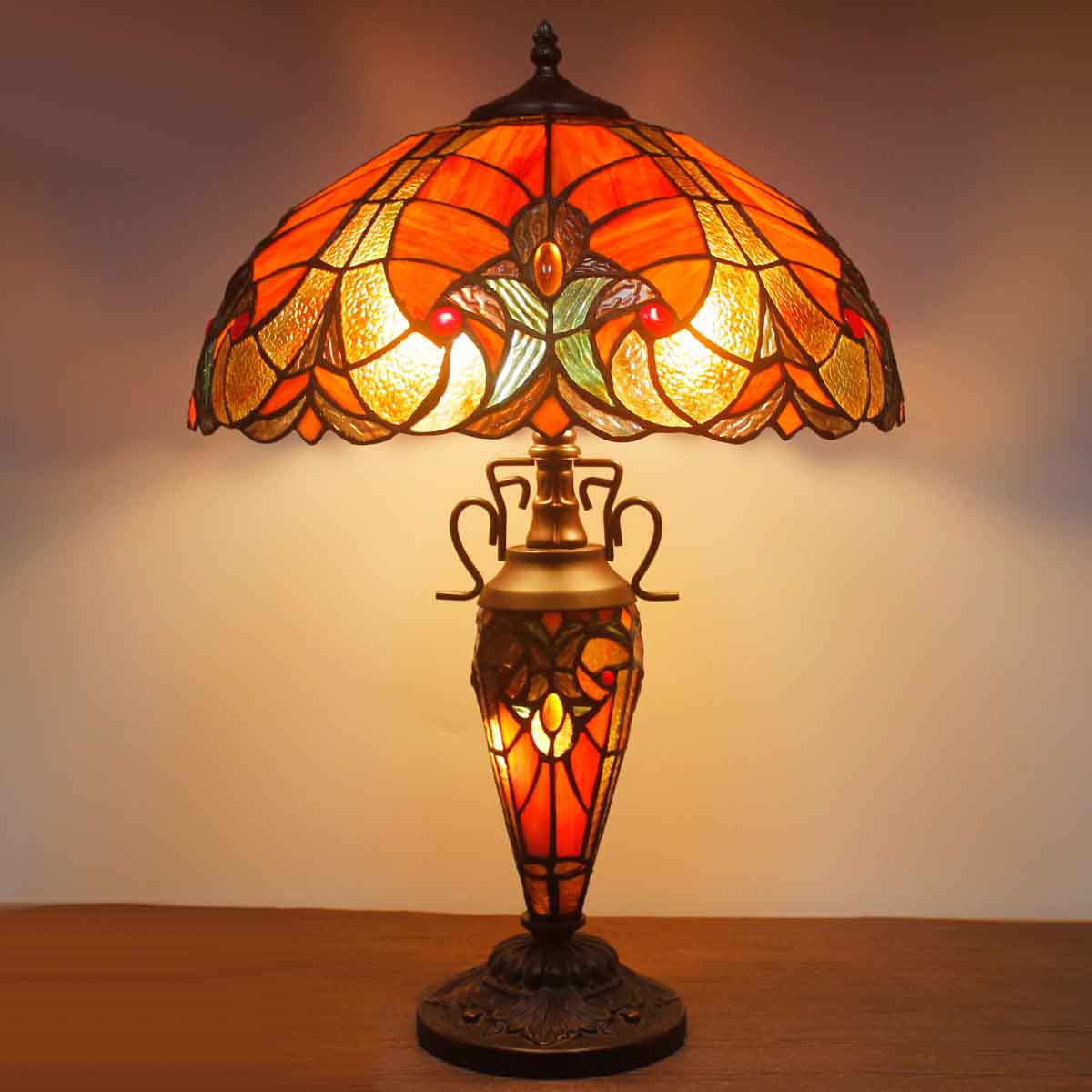 Tiffany Lamps Werfactory® Red Stained Glass Liaison Mother-Daughter Vase Table Lamp Desk Reading Light
