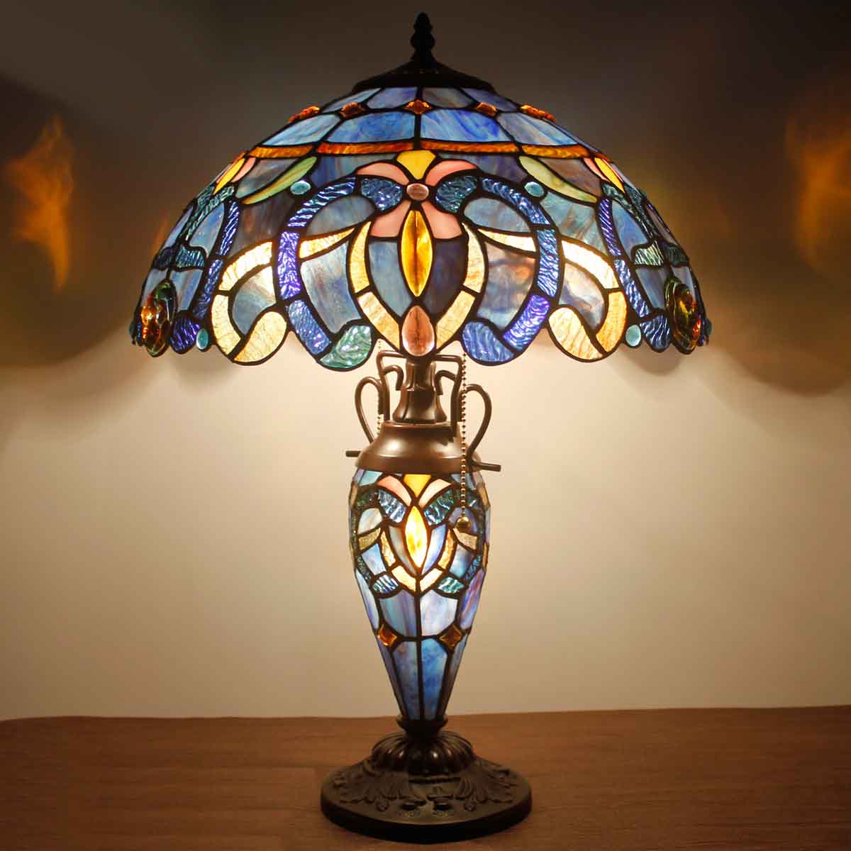 Tiffany Style Lamps Werfactory® Blue Purple Stained Glass Mother-Daughter Vase Lamp