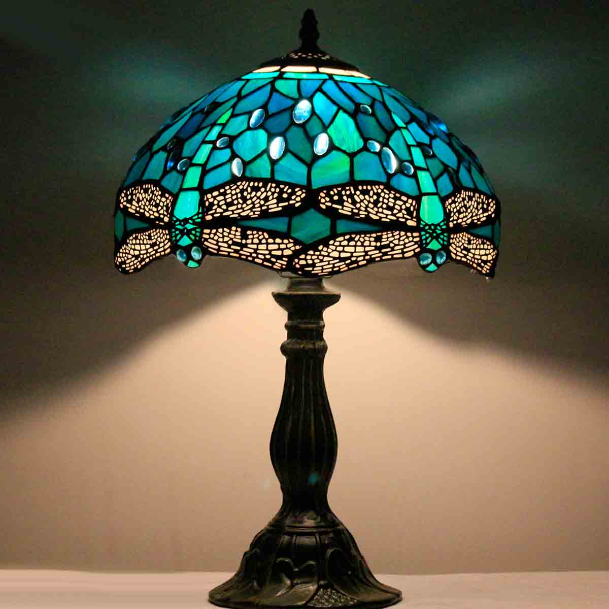 Tiffany Lamp Werfactory® Green Blue Stained Glass Dragonfly Light