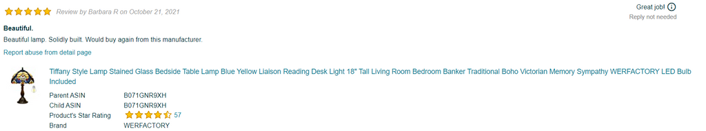 Review by Barbara R on October 21, 2021  for S160E12T02: Tiffany Style Lamp Stained Glass Bedside Table Lamp Blue Yellow Liaison Reading Desk Light 18" Tall Living Room Bedroom Banker Traditional Boho Victorian Memory Sympathy WERFACTORY LED Bulb Included