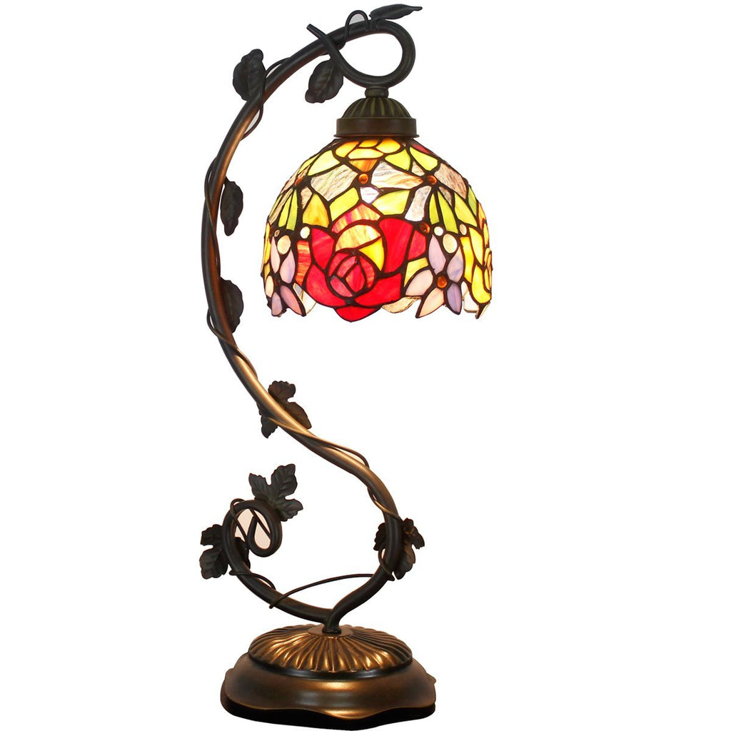 Werfactory Lamp Tiffany for Table Red Rose Style Stained Glass Shade