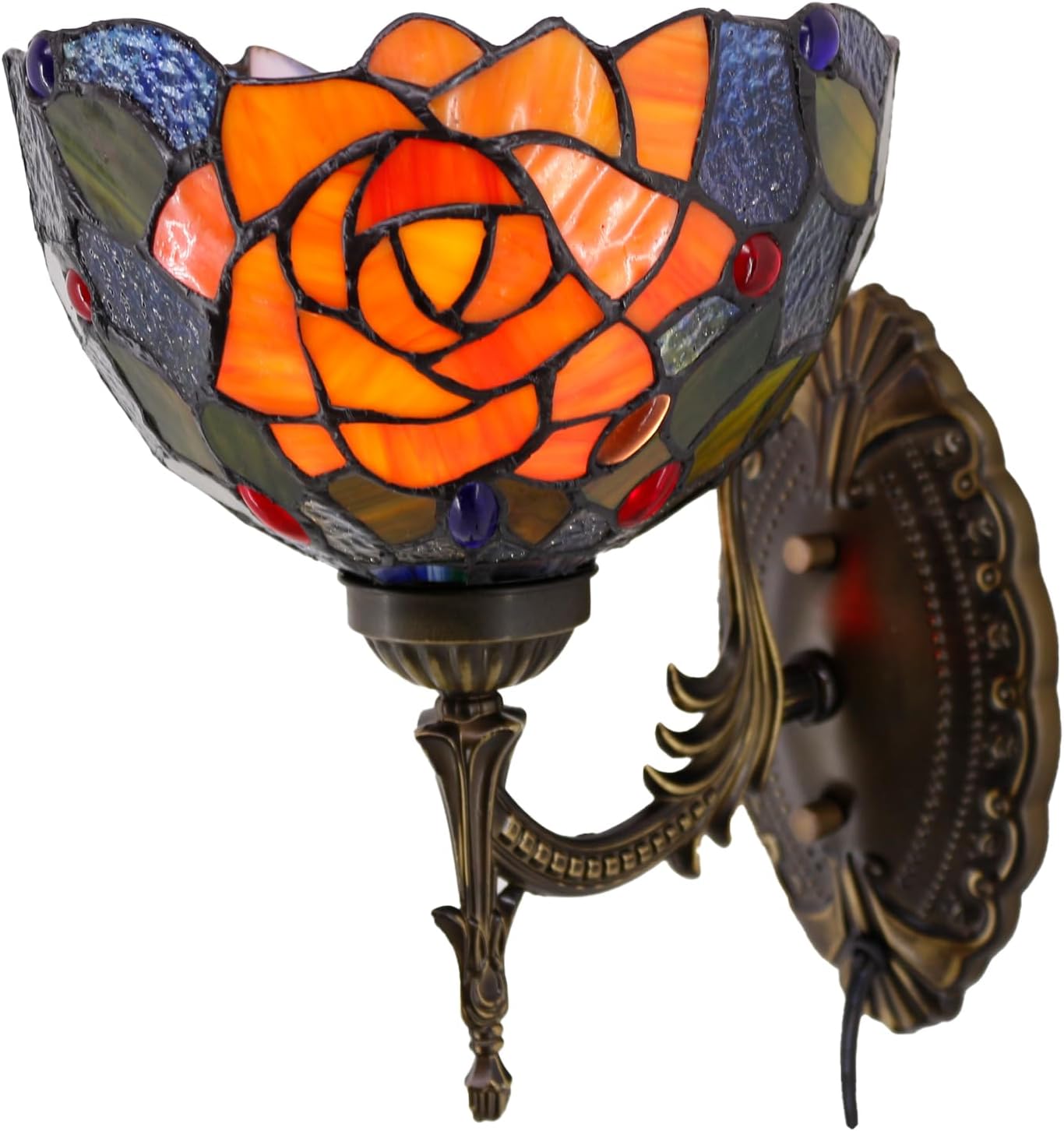 Werfactory Tiffany Wall Sconce Yellow Purple Rose Stained Glass W8 H11 Inch Plug in Bedside Lamp