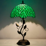 Werfactory® Tiffany Table Lamp Green Wisteria Style Stained Glass  Lampshade Metal Leaf Base Table Lamp
