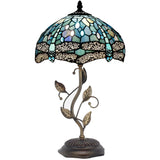 Werfactory® Tiffany Table Lamp Sea Blue Dragonfly Style Stained Glass  Lampshade Metal Leaf Base Table Lamp