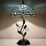 Werfactory® Tiffany Table Lamp Sea Blue Dragonfly Style Stained Glass  Lampshade Metal Leaf Base Table Lamp
