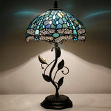 Werfactory® Tiffany Table Lamp Sea Blue Dragonfly Style Stained Glass  Lampshade Metal Leaf Base Table Lamp