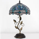 Werfactory® Tiffany Table Lamp Sea Blue Dragonfly Style Stained Glass  Lampshade Metal Leaf Base Table Lamp