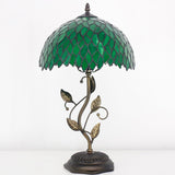 Werfactory® Tiffany Table Lamp Green Wisteria Style Stained Glass  Lampshade Metal Leaf Base Table Lamp