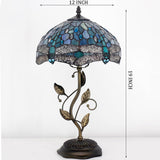 Werfactory® Tiffany Table Lamp Sea Blue Dragonfly Style Stained Glass  Lampshade Metal Leaf Base Table Lamp