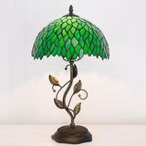 Werfactory® Tiffany Table Lamp Green Wisteria Style Stained Glass  Lampshade Metal Leaf Base Table Lamp