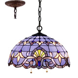 Tiffany Hanging Light Werfactory® Pendant Lamp Fixture Blue Purple Baroque Stained Glass 16 Inch