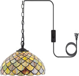 12 Inch Tiffany Pendant Light Plug in Brown Fish Scales Hanging Lamp