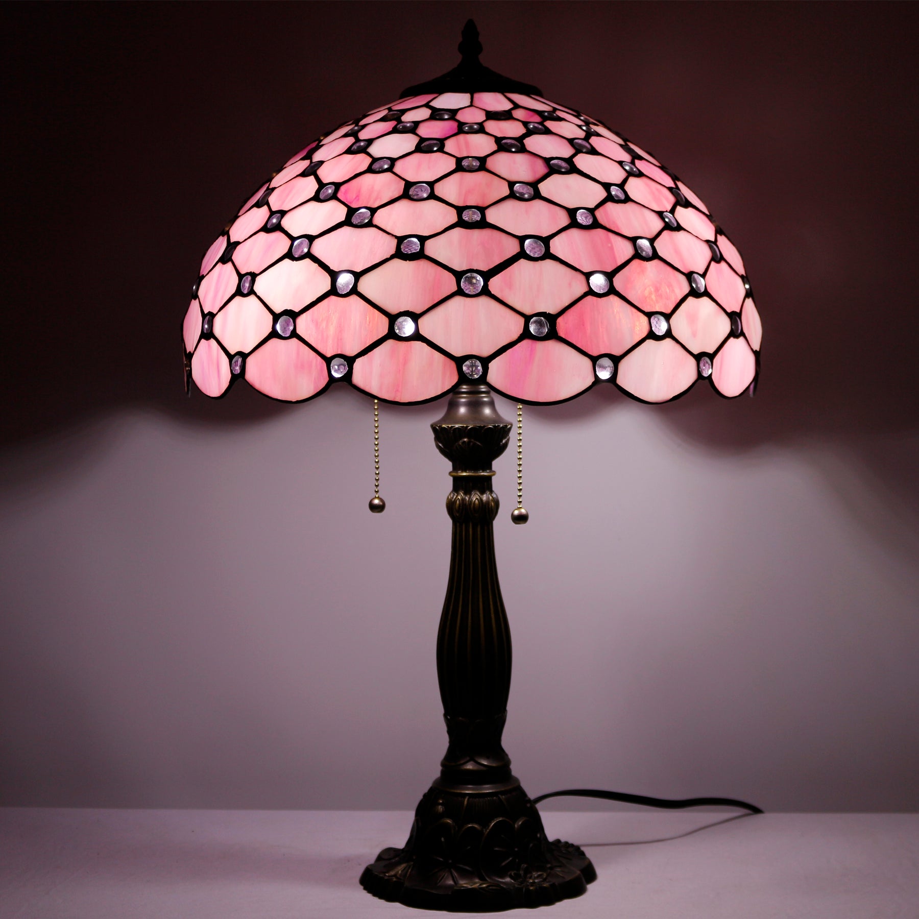 WERFACTORY Tiffany Table Lamp Pink Stained Glass Crystal Bead Desk Rea Werfactory