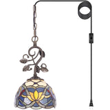 Werfactory® Tiffany Pendant Light  8" Blue Stained Glass Lotus Style Hanging Lamp