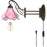 WERFACTORY Tiffany Wall Sconce Lamp W8L19 Inch Swing Arm Up Down Light Pink Stained Glass Lotus Shade S147 Living Room Bedroom Office Study Antique Metal