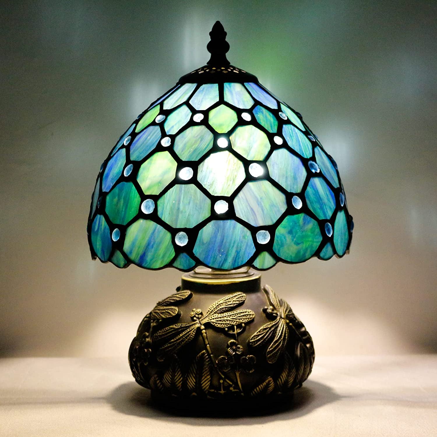 Werfactory® Tiffany Table Lamp Sea Blue Stained Glass Pearl Mushroom Lamp –