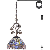 Werfactory® Tiffany Pendant Light, 8" Navy Blue Stained Glass Dragonfly Hanging Lamp