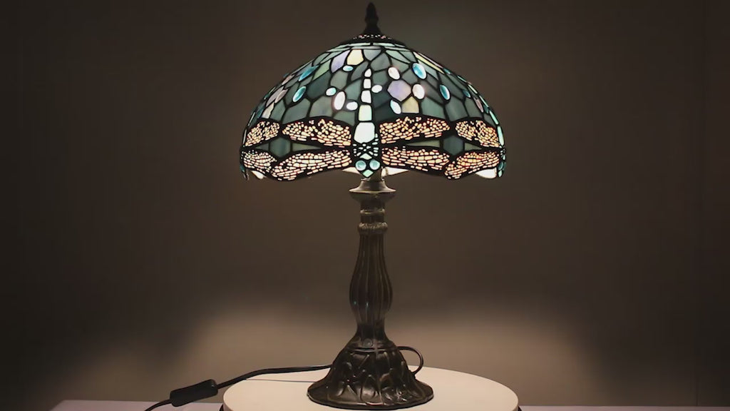 Ballico Tiffany Lamp Sea Blue Stained Glass Table Lamp 12X12X18 Inches  Dragonfly Style Desk Reading Light