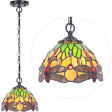 Werfactory® Tiffany Pendant Lighting with 8 Inch Green Stained Glass Dragonfly Style Hanging Lamp