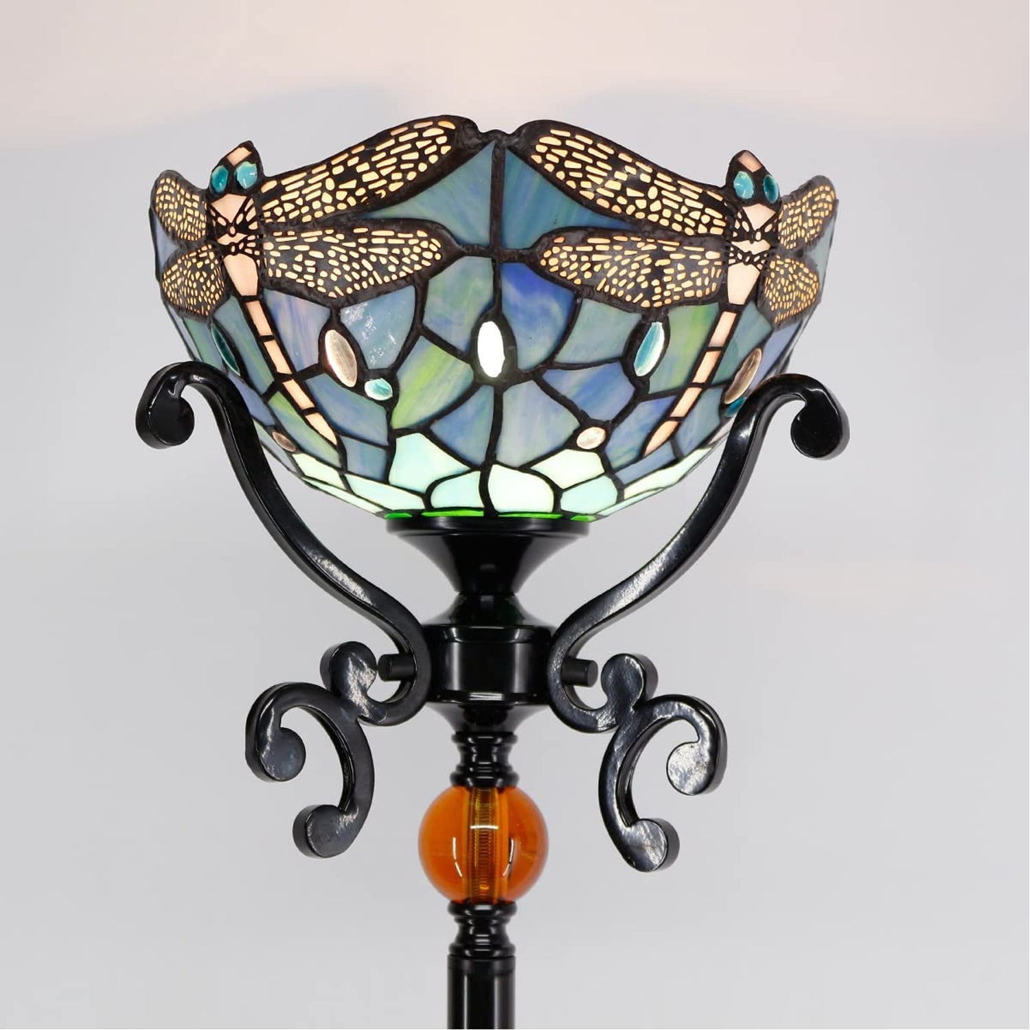 Werfactory® Tiffany Floor Lamp W10H70 Inch Stained Glass Torchiere Light Blue Dragonfly Standing