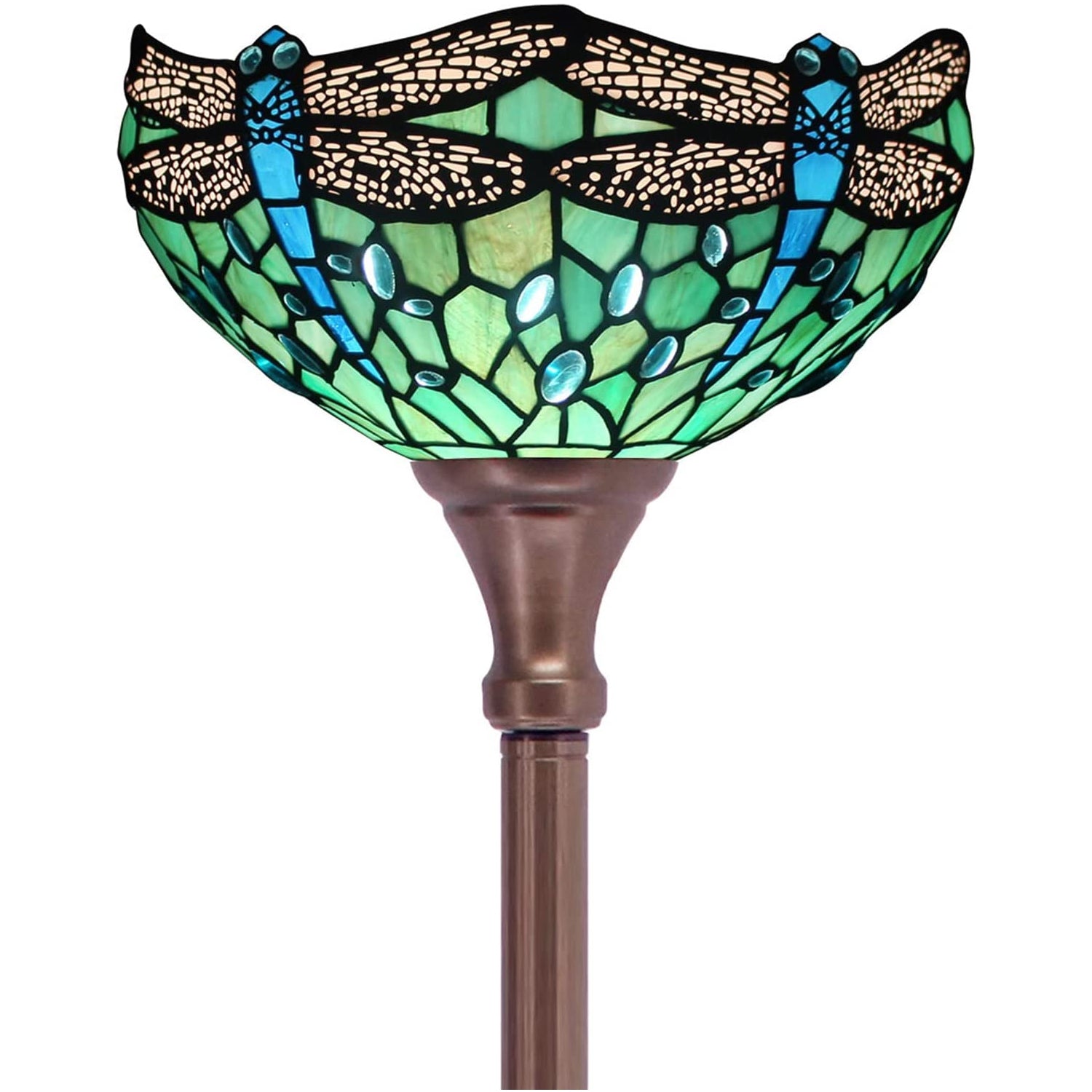 Werfactory® Torchiere Tiffany Floor Lamp Green Dragonfly Stained Glass Torch Light