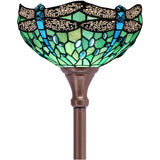 Werfactory® Torchiere Tiffany Floor Lamp Green Dragonfly Stained Glass Torch Light