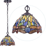 Werfactory® Tiffany Pendant Lighting Navy Blue Stained Glass Dragonfly Hanging Lamp