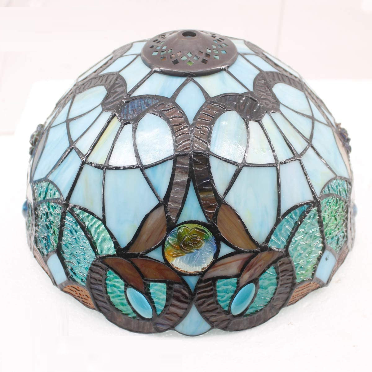 12 inch Green Blue Floral Stained Glass Lampshade Only Werfactory®  Fit for Tiffany Table Lamp