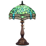 Werfactory®Tiffany Table Lamp W12H19 Inch Green Stained Glass Dragonfly Style Lamp