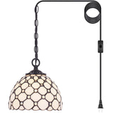 Werfactory® Tiffany Pendant Light with W8H7 Inch Crystal Beads White Stained Glass Hanging Lamp