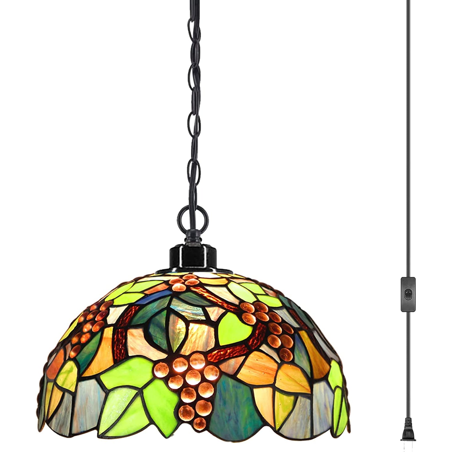Werfactory® Tiffany Pendant Light 12 Inch Green Grape Style Stained Glass Chandelier