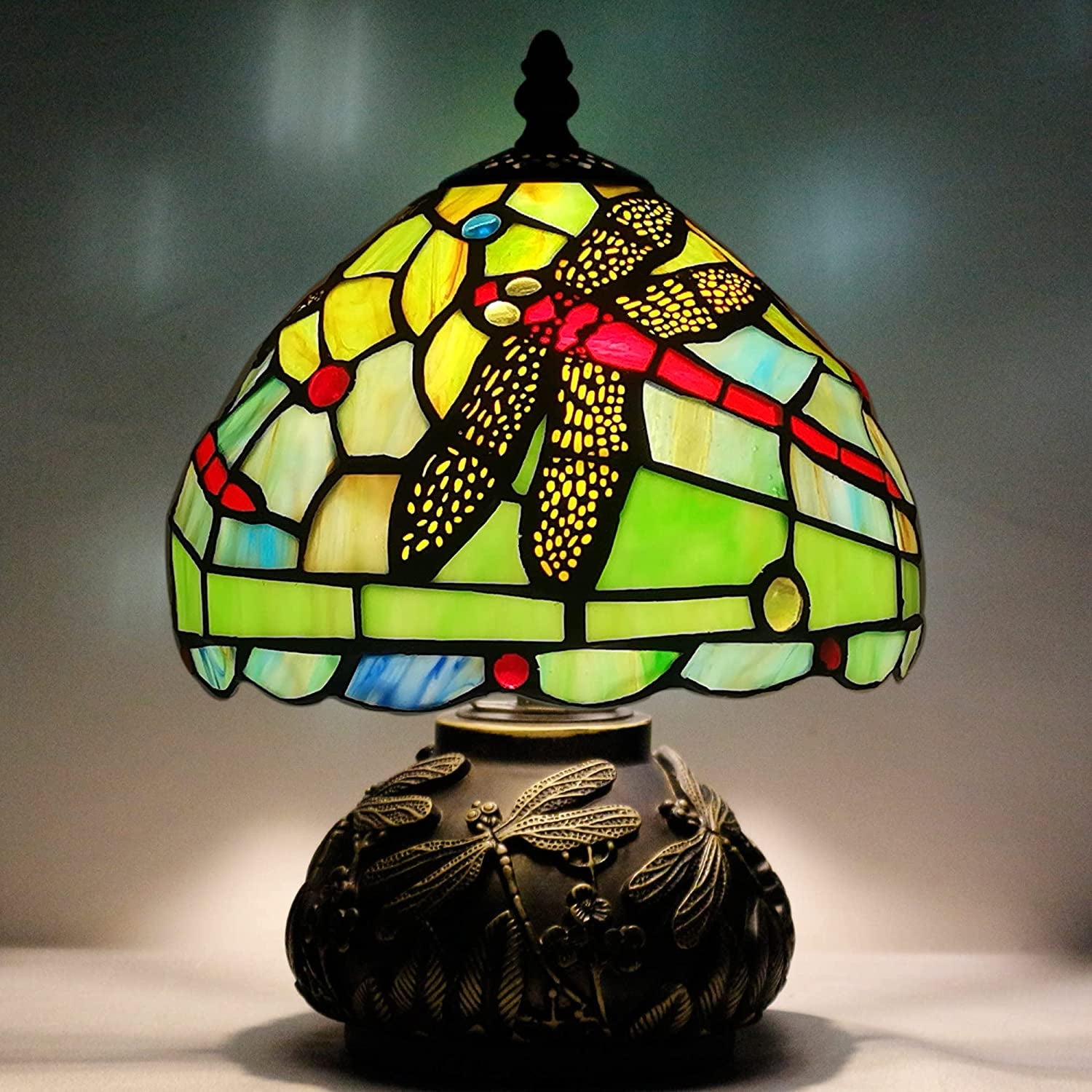 Werfactory® Tiffany Lamp W8H11 Inch Stained Glass Red Dragonfly Style Table Lamp Mushroom Lamp