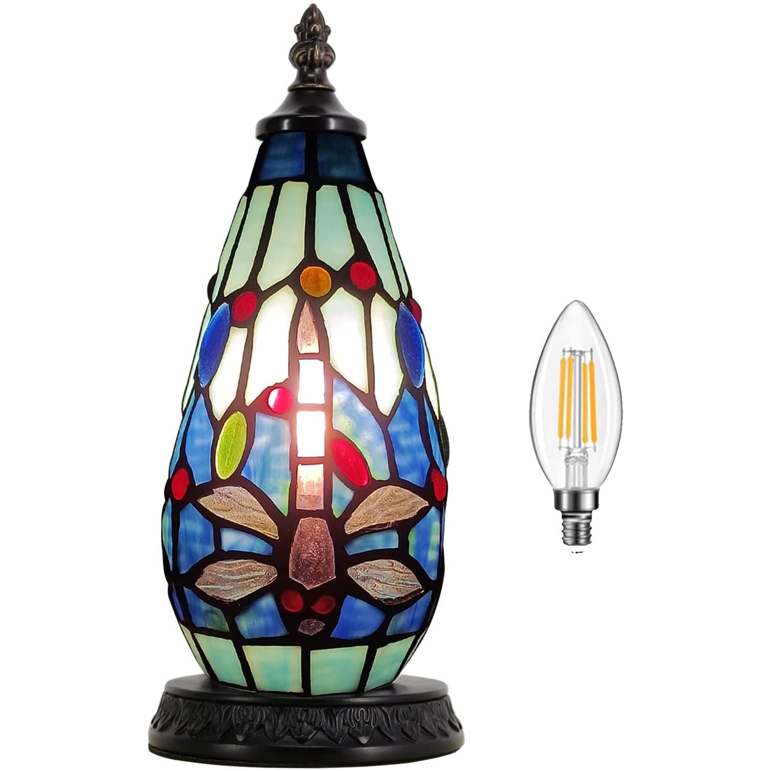 Werfactory® Tiffany Table Lamp Lighthouse Stained Glass Christmas Tree Blue Dragonfly Light