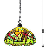 Werfactory® Tiffany Pendant Light 12 Inch Red Dragonfly Style Stained Glass Hanging Lamp