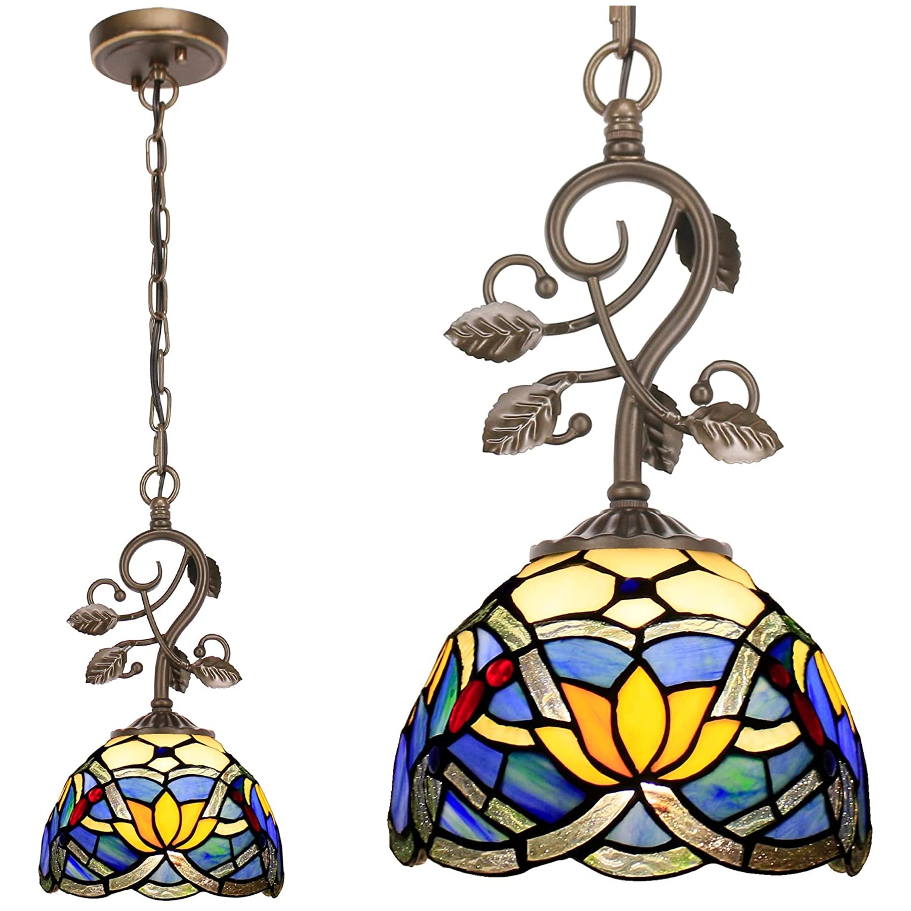 Werfactory® Tiffany Pendant Lighting for Kitchen, 8" Blue Stained Glass Lotus Hanging Lamp Farmhouse Rustic Bronze Thin Metal Leaf Chandelier, Luxury Ceiling Light Fixture for Living Room Dining Room