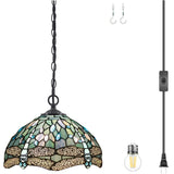 Tiffany Pendant Lamp Plug in Werfactory® Sea Blue Stained Glass Dragonfly 12 Inch Hanging Light