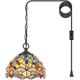 Tiffany Pendant Light Yellow Stained Glass Dragonfly Shade Hanging Lamp