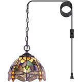 Tiffany Pendant Light with W8H7 Inch Stained Glass Dragonfly Style Shade Hanging Lamp