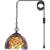 Werfactory Tiffany Pendant Light with W8H7 Inch Stained Glass Rose Shade Hanging Lamp